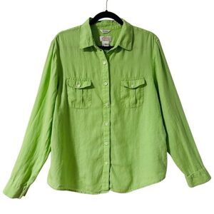 Talbots Irish Linen L spring green long sleeve button front blouse shirt two poc